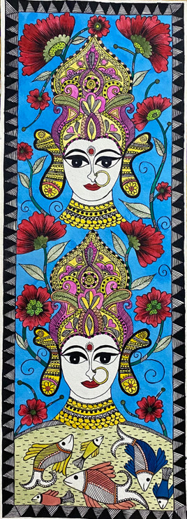 Durga with Hibiscus  (ART_7949_55118) - Handpainted Art Painting - 8in X 23in