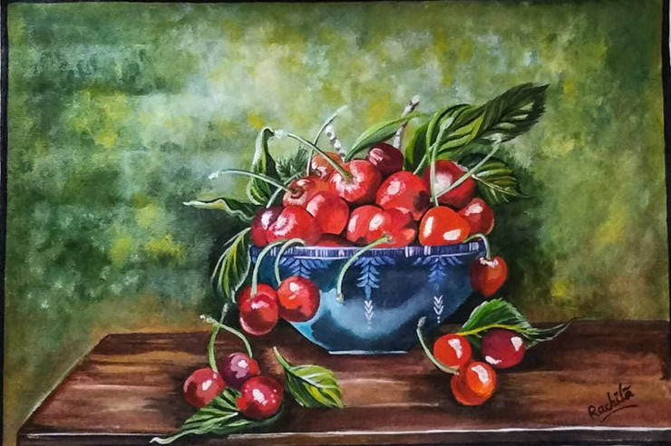 Red cherries  (ART_7440_55091) - Handpainted Art Painting - 20in X 13in