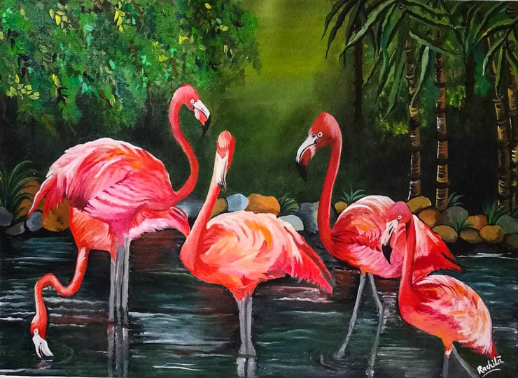 Beautiful Flamingos in the forest.  (ART_7440_55090) - Handpainted Art Painting - 23in X 17in