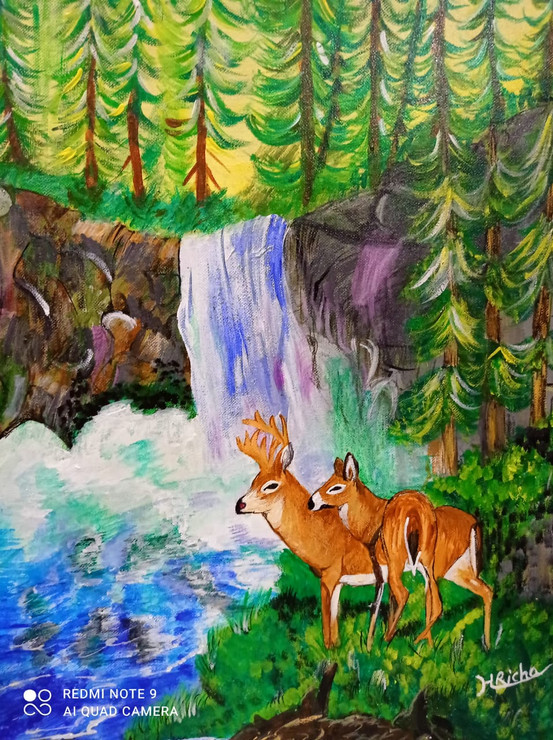 Pair of deer (ART_7814_53146) - Handpainted Art Painting - 16in X 20in