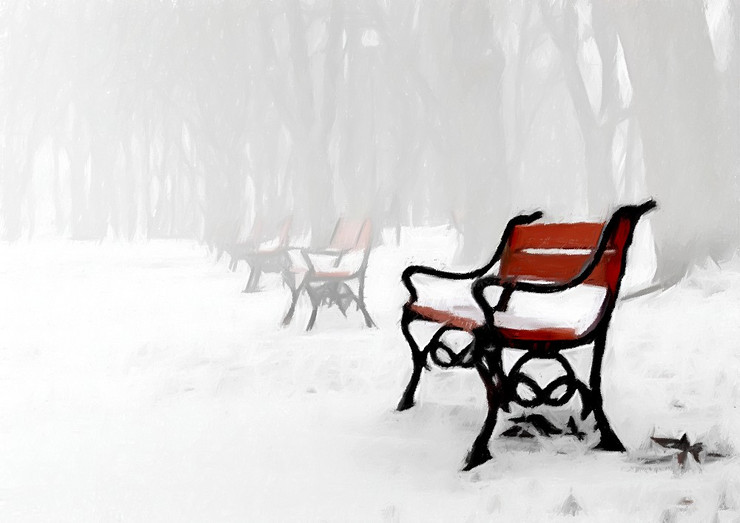 Bench,Snowscape,Red Bench