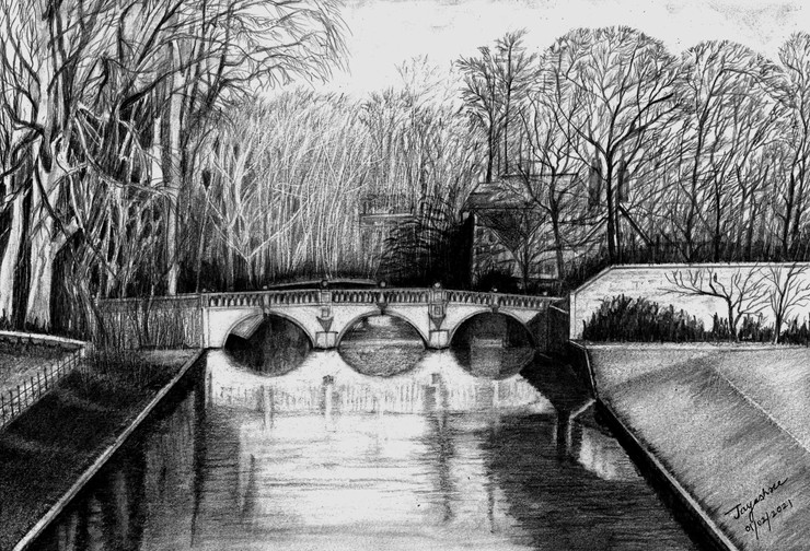 Clare College Bridge over River CamCambridgeUK (ART_7954_55386) - Handpainted Art Painting - 14in X 9in