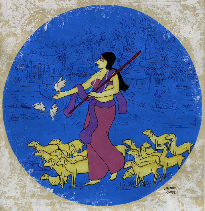 Indian Shepherd 2 (ART_3324_55338) - Handpainted Art Painting - 27in X 27in