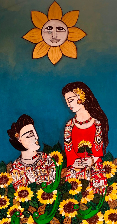 Couple with Nature (ART_5103_55229) - Handpainted Art Painting - 56in X 28in