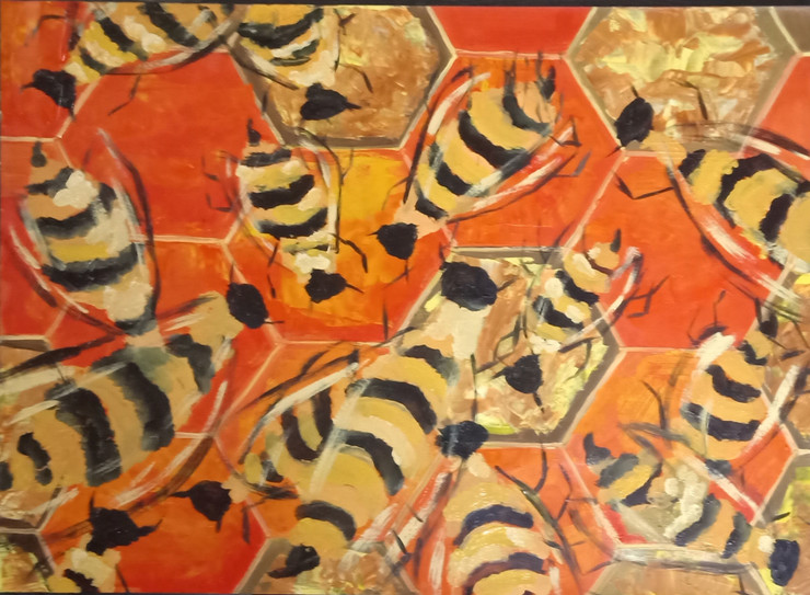 Mango Butterscotch Neanderthal Bees (ART_7254_55216) - Handpainted Art Painting - 29in X 21in