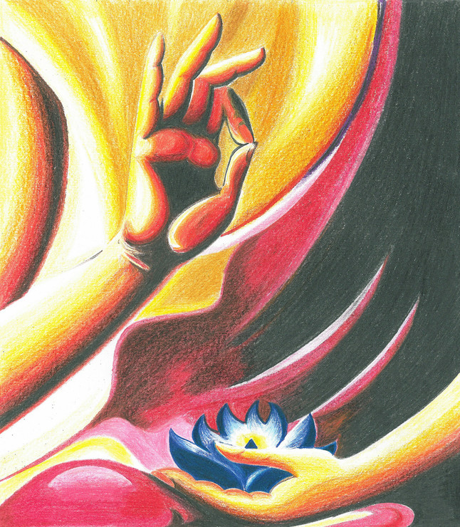 The meditative Buddha in vibrant colors  (ART_7944_55098) - Handpainted Art Painting - 9in X 9in