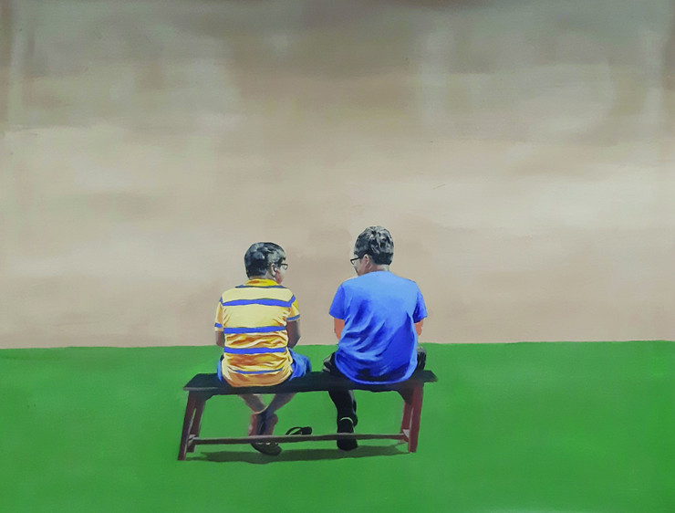 Two Frinds and Their Timeless Chat (ART_7977_55557) - Handpainted Art Painting - 38in X 30in