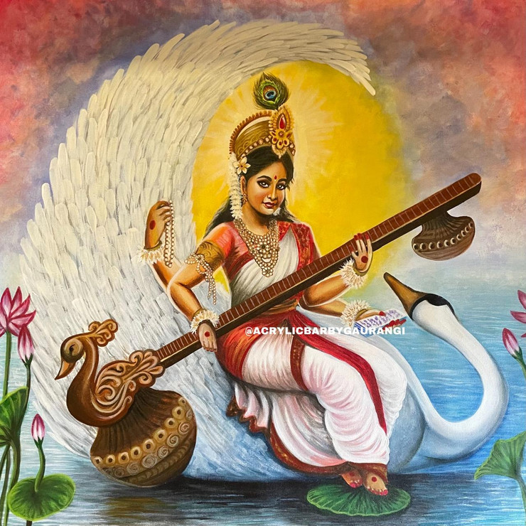 Saraswati- The Goddess of Knowledge (ART_7951_55832) - Handpainted Art Painting - 36in X 34in