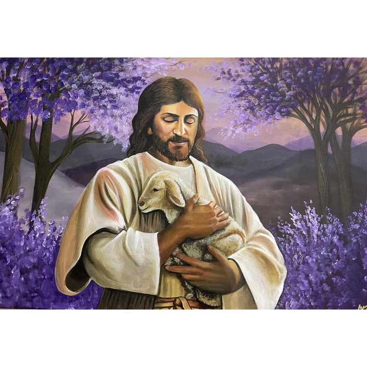Jesus lovingly holding a lamb with landscape background (ART_7951_55824) - Handpainted Art Painting - 36in X 24in