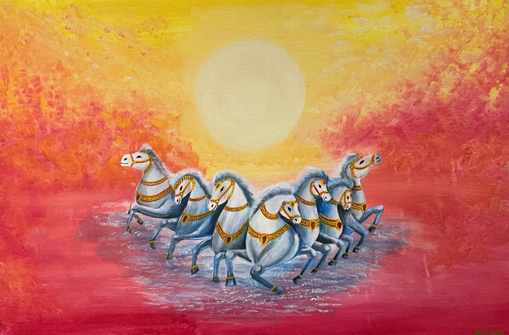 7 running horses - vastu feng shui lucky painting for home (ART_7951_55807) - Handpainted Art Painting - 36in X 24in