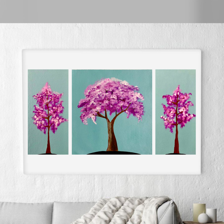 Floral handmade acrylic painting : Pink tree - set of 3 (ART_7958_55265) - Handpainted Art Painting - 26in X 13in