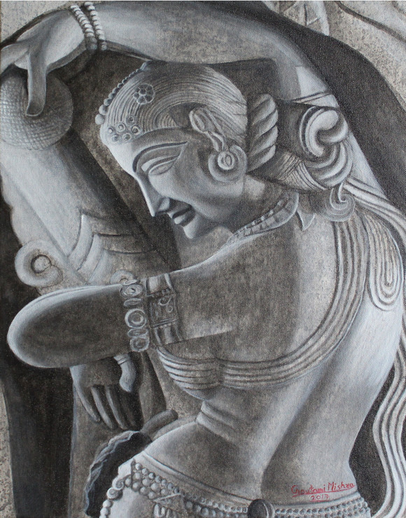 Khajuraho Woman Painting (ART_976_22063) - Handpainted Art Painting - 16in X 20in