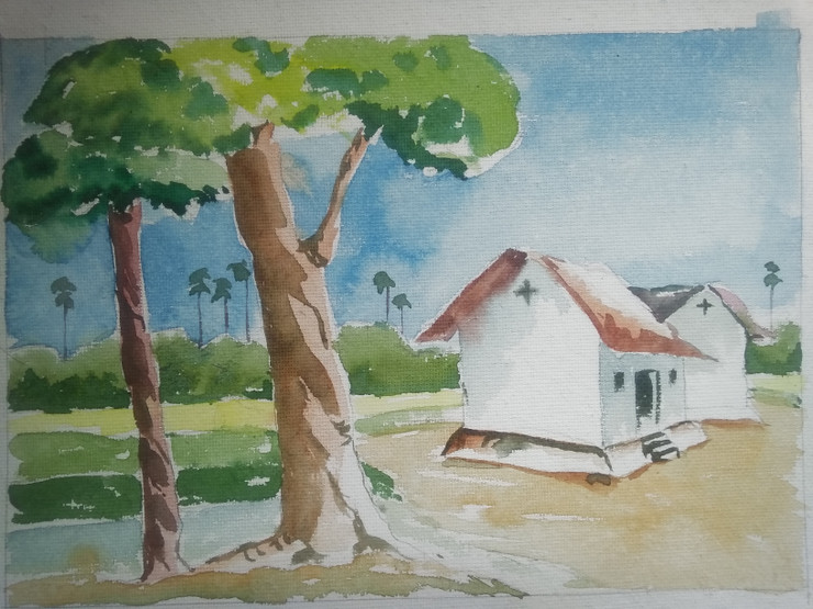 Village Home (ART_7974_56009) - Handpainted Art Painting - 13in X 10in