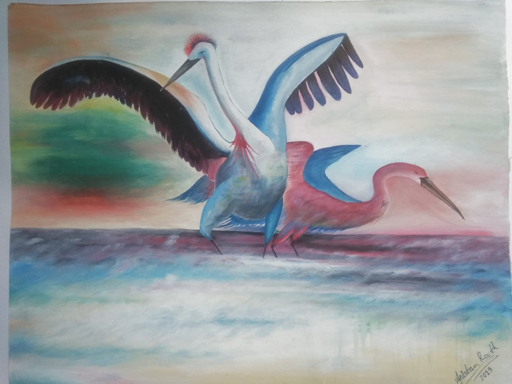 Bird In Sunset (ART_7974_56000) - Handpainted Art Painting - 14in X 11in