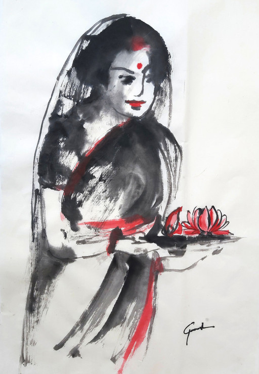 INDIAN LADY 113 (ART_6373_55956) - Handpainted Art Painting - 18 in X 27in