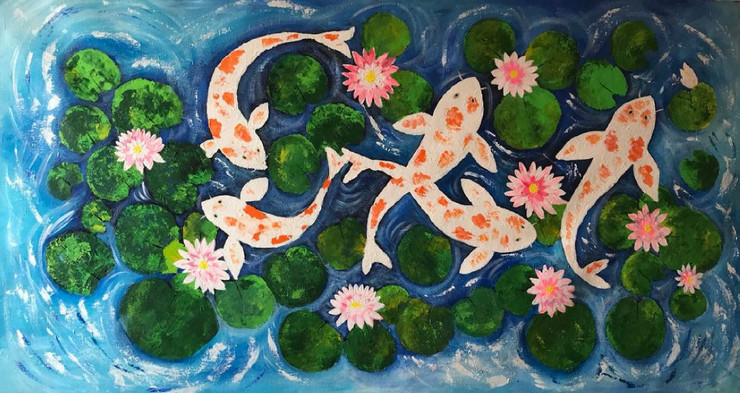 Koi fish and water lilies pond (ART_1784_56013) - Handpainted Art Painting - 60in X 33in