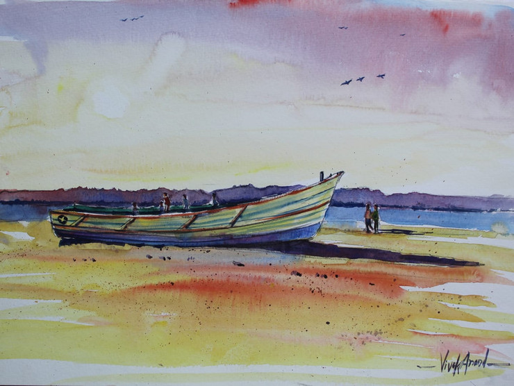 Boat at Thengai patnam Kanyakumari (ART_4505_55987) - Handpainted Art Painting - 15in X 10in