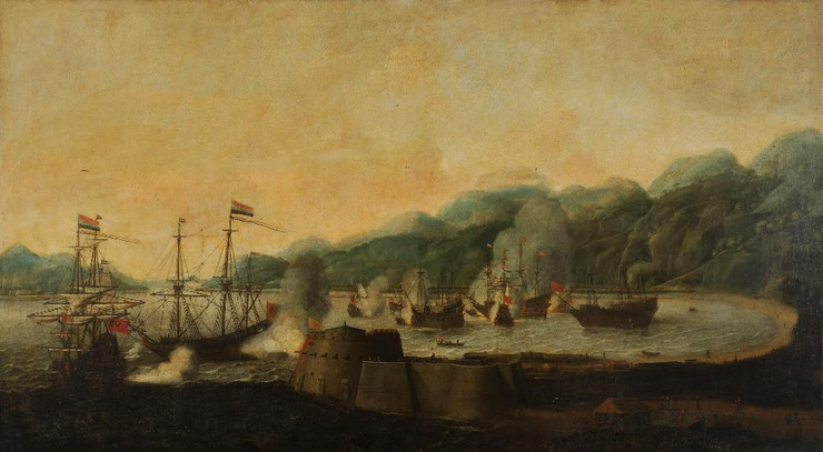 Surprise Attack On Three Portuguese Galleons In The Bay Of Goa Velha, 30 September 1639 By Hendrick Van Anthonissen (PRT_7846) - Canvas Art Print - 33in X 18in