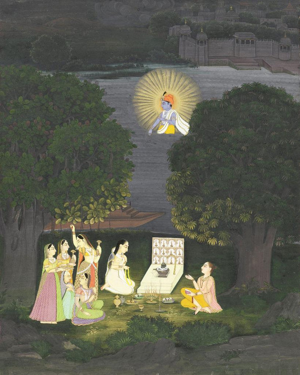 Women Who Worship Shiva Are Interrupted By A Vision From Krishna (PRT_7866) - Canvas Art Print - 22in X 28in