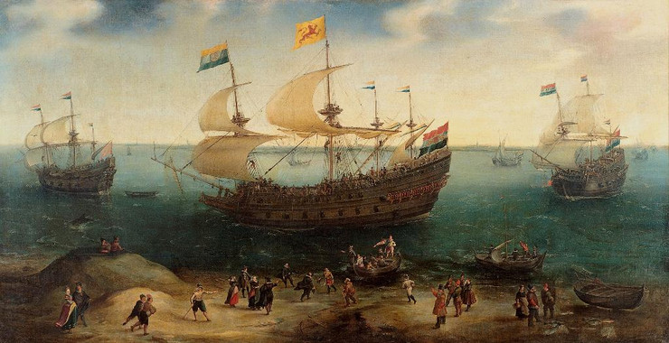 "The Amsterdam Four-masted Ship ""De Hollandse Tuyn"" And Other Ships Return From Brazil By Hendrik Cornelisz Vroom (PRT_7869) - Canvas Art Print - 20in X 10in