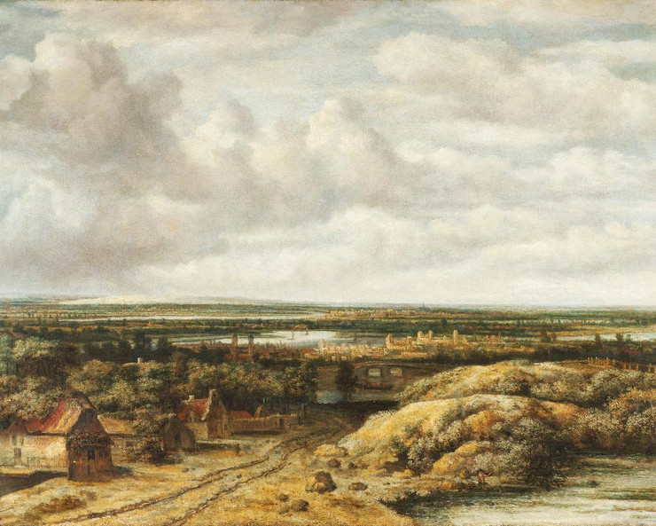 Distant View With Cottages Along A Road By Philips Koninck (PRT_7923) - Canvas Art Print - 33in X 26in