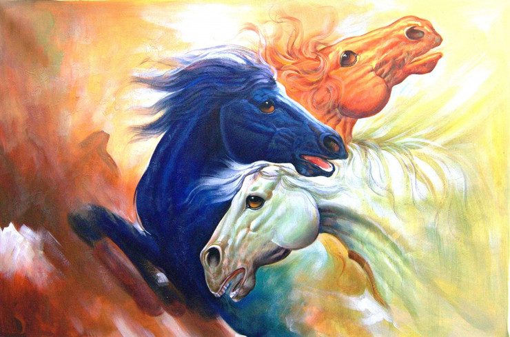 The Race - 36in X 24in,RAJMER01_3624,Acrylic Colors,Horse painting,Race of horses,Three horses - Buy Paintings online in India