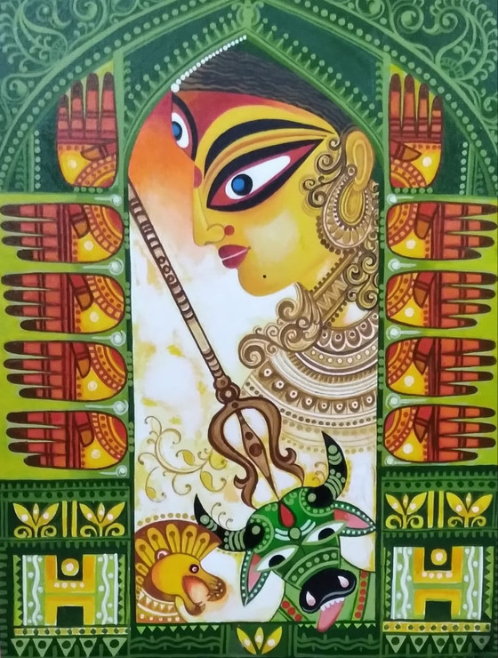 Maa Durga _Subho Sharodiya (ART_5922_56350) - Handpainted Art Painting - 45in X 60in