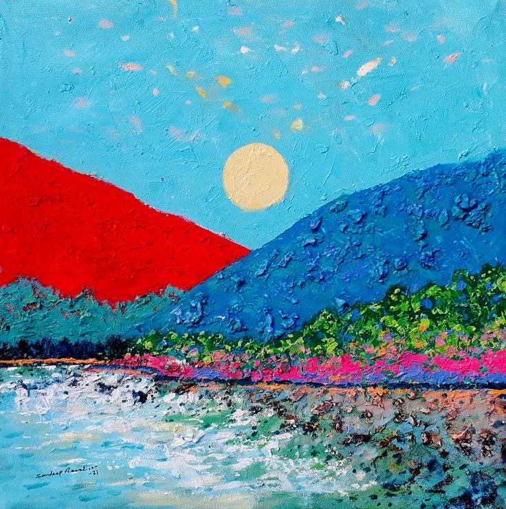 Sunrise in The holy Ganges Valley (Landscape) - 2 (ART_5244_56279) - Handpainted Art Painting - 18in X 18in