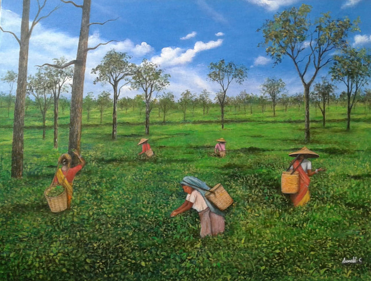 Tea Garden (ART_8011_56229) - Handpainted Art Painting - 25in X 18in