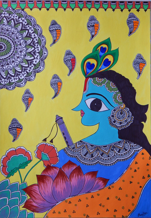 Krishna Melody (ART_7864_56156) - Handpainted Art Painting - 11in X 16in