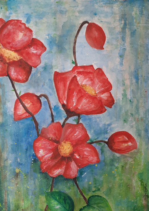 Poppy Flowers Painting (ART_1292_56113) - Handpainted Art Painting - 12in X 16in