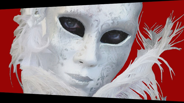 Black Eyes,White Face,Mask,Red Background,Feather,Artform