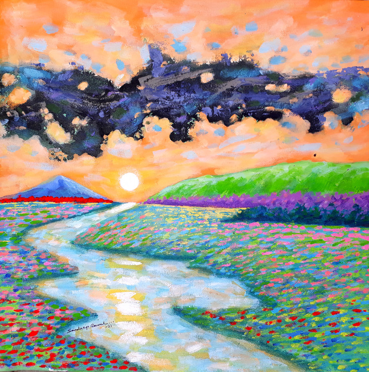 Saffron sky and sunrise (Landscape)  (ART_5244_56513) - Handpainted Art Painting - 18in X 18in