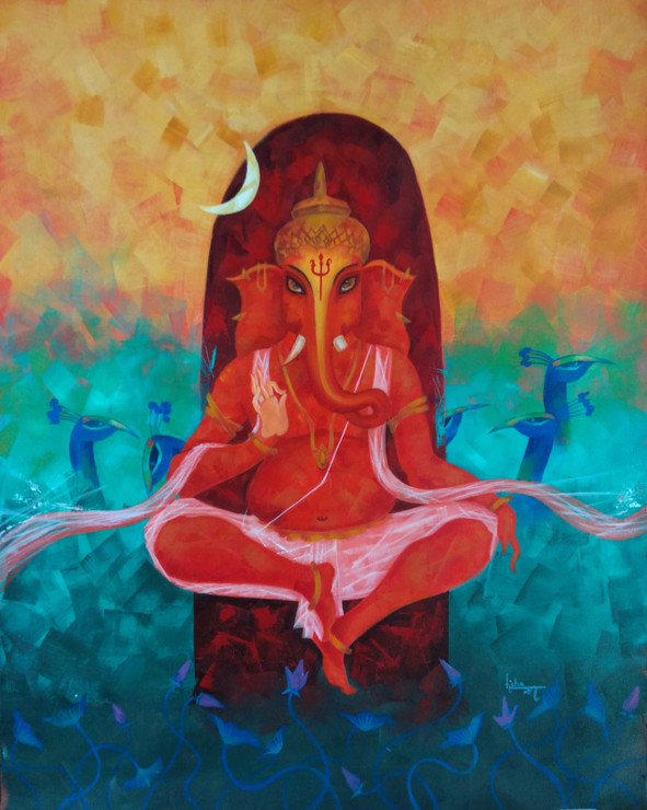 Ganesha (ART_7141_56455) - Handpainted Art Painting - 20in X 26in