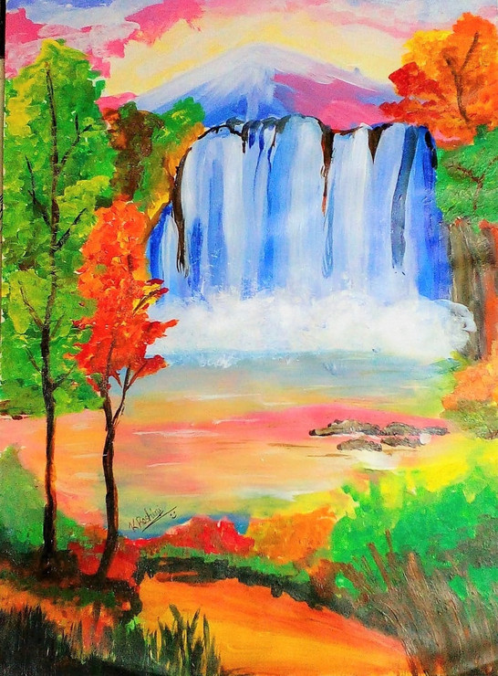 Beautiful Waterfall Scenery (ART_8032_56442) - Handpainted Art Painting - 11 in X 16in