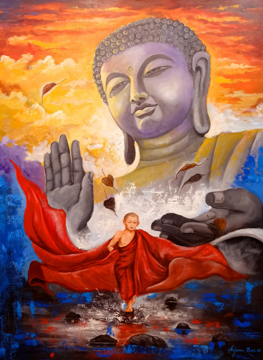 Devotion of Buddha #10 (ART_82_56696) - Handpainted Art Painting - 36in X 48in