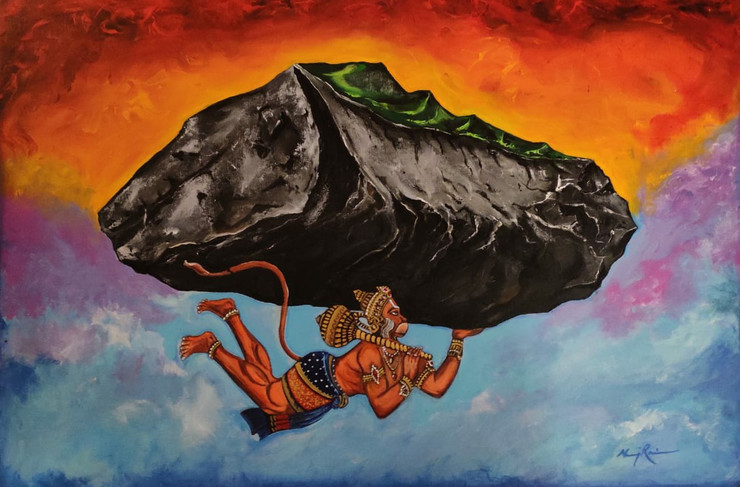 Veer Hanuman (ART_1252_56591) - Handpainted Art Painting - 36in X 24in