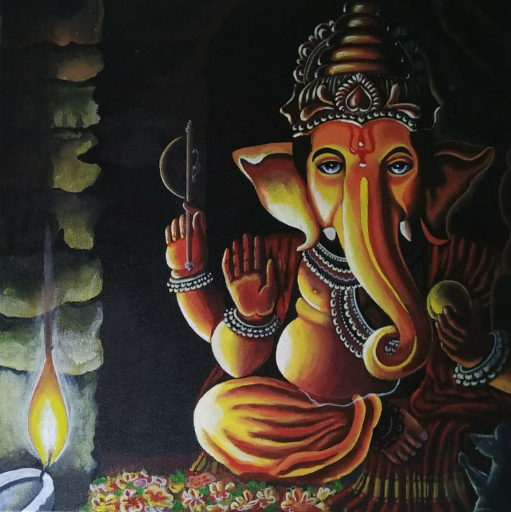Vighnharta- Gauriputra Ganesh (ART_6518_56589) - Handpainted Art Painting - 18in X 18in