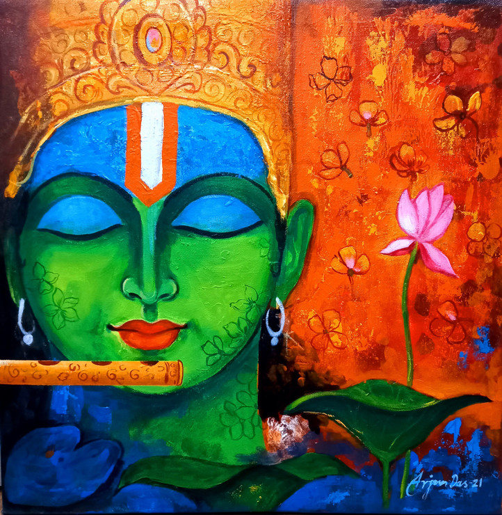 Krishna 2 (ART_82_56908) - Handpainted Art Painting - 18in X 18in