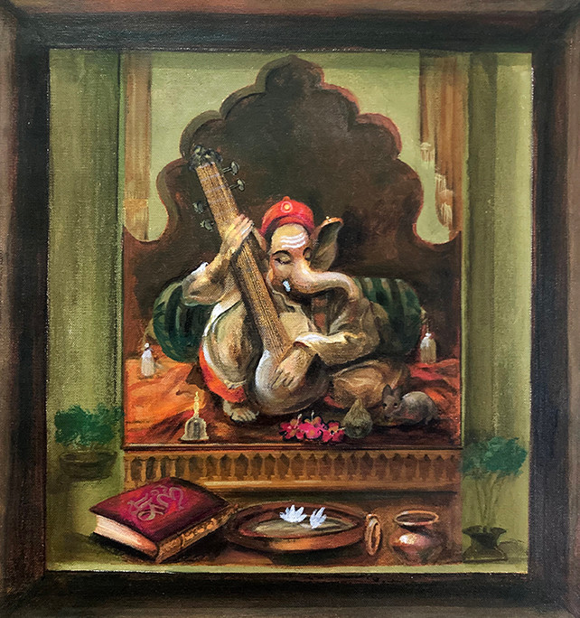 Lord Ganesha Playing Veena (ART_6267_56882) - Handpainted Art Painting - 13in X 14in