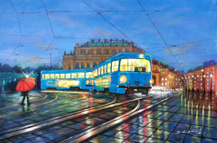 BLUE TRAM IN CITY OF JOY (ART_5244_56880) - Handpainted Art Painting - 20in X 16in