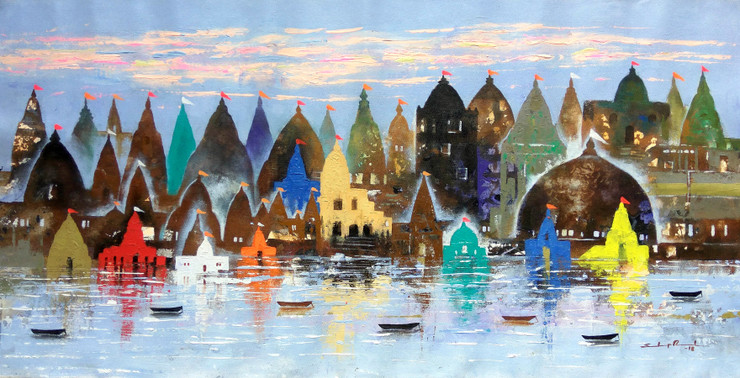 City Of Salvation ( Old Kashi Ganga Ghat) - 2 (ART_5244_56868) - Handpainted Art Painting - 36in X 18in