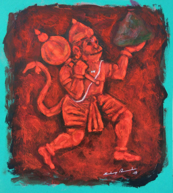 INDIAN GOD HANUMAN JI -2 (BAJRANG BALI) (ART_5244_56864) - Handpainted Art Painting - 9in X 11in