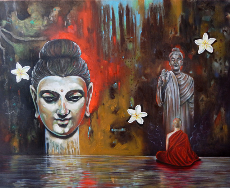 Lord Buddha and Monk (ART_5244_56819) - Handpainted Art Painting - 34in X 28in