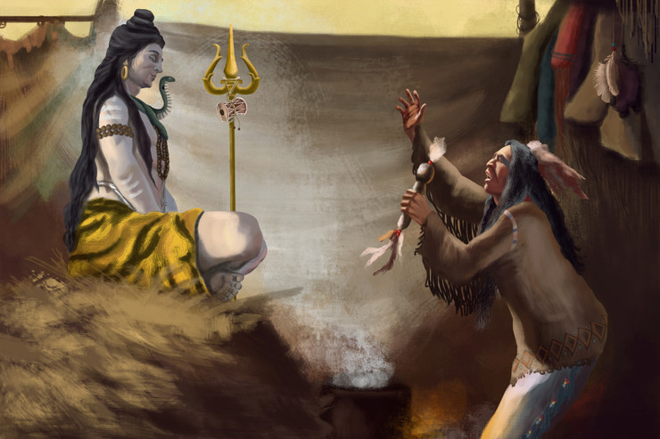 Lord Shiva And The Native American  (PRT_8043_56797) - Canvas Art Print - 36in X 24in