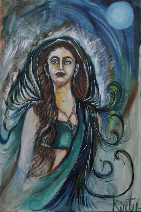 THE LADY WITH THE MOON (ART_8045_56748) - Handpainted Art Painting - 24in X 36in