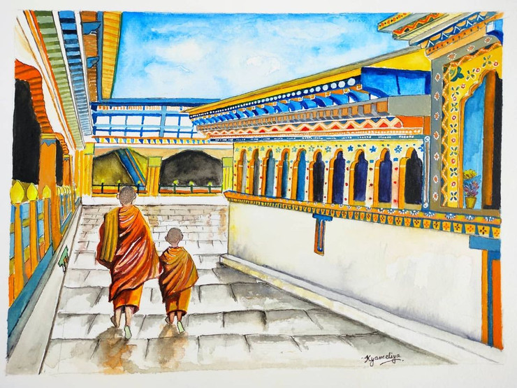 PEACE & DIVINITY (Simtokha Dzong Bhutan) (ART_5261_56731) - Handpainted Art Painting - 11in X 16in