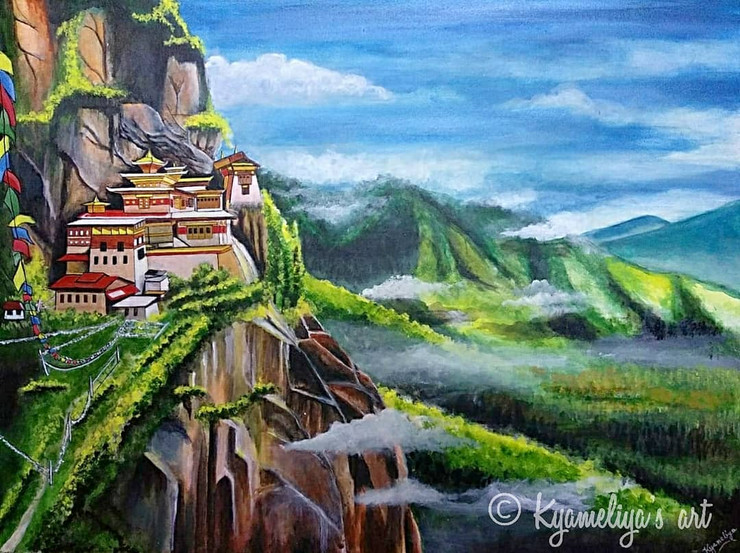 The Tigers Nest (Bhutan) (ART_5261_56724) - Handpainted Art Painting - 30in X 24in