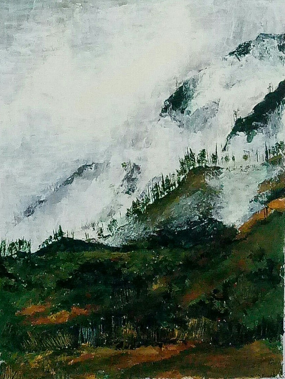 The hills in mist (ART_8066_57127) - Handpainted Art Painting - 12in X 16in