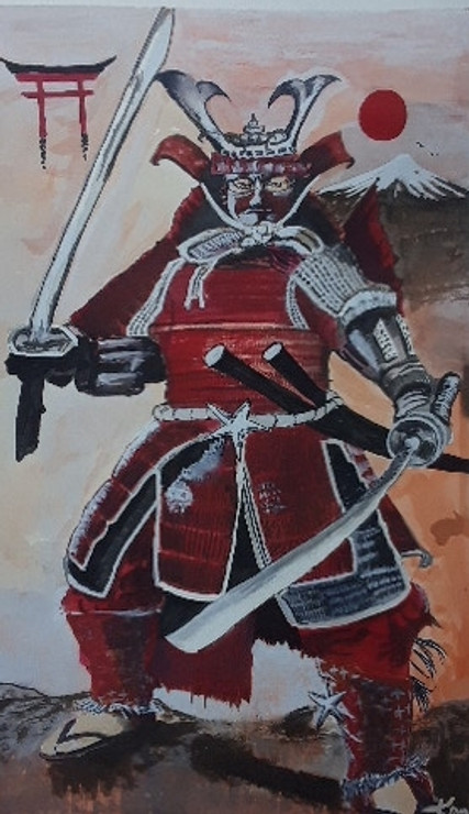 The Red Samurai of Japan (ART_8057_57082) - Handpainted Art Painting - 12in X 20in